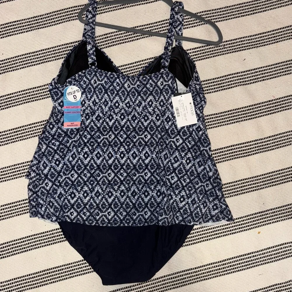 Swim Solutions TILE ISLAND NAVY Triple-Tier Fauxkini One-Piece Swimsuit - Picture 4 of 6